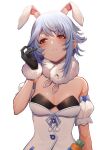  1girl absurdres alternate_hairstyle animal_ear_fluff animal_ears bare_shoulders blue_hair breasts bunny_ears gloves highres hololive looking_at_viewer mikan_(chipstar182) short_hair solo usada_pekora virtual_youtuber 