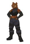  anthro boots bottomwear canid canine canis clothing dasha_(petruz) domestic_dog female footwear goonie-san hi_res mammal midriff pants shirt sleeves solo tactical_gear topwear yellow_eyes 