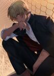  1boy amuro_tooru bandaid bandaid_on_arm bangs black_jacket black_pants blonde_hair blood blood_on_face bloody_nose blue_eyes blurry buttons chain-link_fence collared_shirt commentary_request depth_of_field dress_shirt dutch_angle feet_out_of_frame fence gakuran hair_between_eyes hand_up jacket kanamura_ren looking_at_viewer male_focus meitantei_conan one_knee open_clothes open_jacket outdoors pants school_uniform shirt short_hair solo white_shirt wiping_mouth 