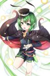  ametama_(runarunaruta5656) androgynous antennae bangs black_cape blue_shorts cape danmaku feet_out_of_frame flat_chest green_eyes green_hair highres holding holding_cape knee_up light_blush long_sleeves mary_janes military military_uniform open_mouth pointy_ears red_cape shoes short_hair shorts smile tagme tomboy touhou two-sided_cape two-sided_fabric uniform upper_teeth very_short_hair wriggle_nightbug 