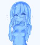  1girl :o blue-framed_eyewear blue-tinted_eyewear blue_eyes blue_hair blue_sclera blue_skin blue_theme blush breasts colored_sclera colored_skin completely_nude curss embarrassed eyebrows_visible_through_hair glasses hands_up highres long_hair looking_at_viewer medium_breasts monochrome monster_girl nude original parted_lips simple_background slime_girl solo upper_body white_background 