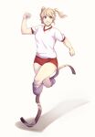  1girl amputee blonde_hair breasts buruma commission doodle double_amputee green_eyes gym_shirt hair_bobbles hair_ornament highres ibarazaki_emi katawa_shoujo naitourse red_buruma running shirt short_twintails small_breasts smile solo twintails white_background 