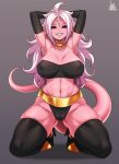  1girl absurdres android_21 armpits arms_behind_head artist_name black_gloves black_legwear black_sclera black_tubetop boots breasts cameltoe choker collarbone colored_sclera colored_skin covered_nipples dragon_ball dragon_ball_fighterz elbow_gloves gloves gold_choker grey_background grin high_heel_boots high_heels highres jmg kneeling large_breasts long_hair looking_at_viewer majin_android_21 messy_hair mixed-language_commentary navel pink_skin red_eyes smile solo strapless tail teeth thick_thighs thigh_boots thighhighs thighs tubetop white_hair wide_hips 