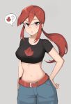  1girl belt black_shirt blue_pants breasts cosplay cowboy_shot crop_top denim elite_four flannery_(pokemon) flannery_(pokemon)_(cosplay) glasses hand_on_hip highres lorelei_(pokemon) medium_breasts midriff milka_(milk4ppl) navel pants parted_lips pokemon pokemon_(game) pokemon_frlg pokemon_rse ponytail red_eyes red_hair shirt short_sleeves sidelocks simple_background solo spoken_object stomach sweatdrop 