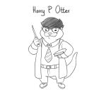  2021 absurd_res alternate_species anthro black_and_white book bottomwear cloak clothed clothing digital_drawing_(artwork) digital_media_(artwork) dress_shirt english_text eyewear footwear furrification glasses hair harry_potter harry_potter_(character) hi_res humor lutrine male mammal monochrome mustelid necktie nik159 pants pun shirt shoes simple_background smile solo standing text topwear wand white_background 