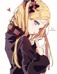  1girl abigail_williams_(fate/grand_order) absurdres alternate_hairstyle bangs black_bow black_jacket blonde_hair blue_eyes blush bow crossed_bandaids double_w fate/grand_order fate_(series) from_side hair_bow hands_up heart heroic_spirit_traveling_outfit highres jacket long_hair long_sleeves looking_at_viewer looking_to_the_side orange_bow parted_bangs profile signature simple_background sleeves_past_wrists sofra solo twitter_username two_side_up very_long_hair w white_background 