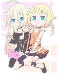  2girls :&gt; arm_tattoo bangs black_legwear black_shirt blue_eyes blunt_bangs boots braid cevio chibi choker commentary dress elbow_gloves fingerless_gloves full_body gloves gradient_hair hair_between_eyes hair_flaps hair_tie hands_on_lap highres ia_(vocaloid) light_frown light_smile long_hair looking_at_viewer miniskirt multicolored_hair multiple_girls one_(cevio) orange_dress orange_gloves pendant_choker pink_skirt platinum_blonde_hair pleated_skirt seiza shirt short_hair siblings single_elbow_glove single_thighhigh sisters sitting skirt spaghetti_strap tattoo thigh_strap thigh_tattoo thighhighs two-tone_dress two-tone_gloves v very_long_hair vocaloid yuta1147 