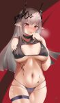  1girl absurdres arknights bangs bare_shoulders bikini breasts cleavage earrings eyebrows_visible_through_hair finger_licking hand_up highres horns jewelry large_breasts licking long_hair looking_at_viewer mudrock_(arknights) navel pointy_ears red_eyes silver_hair solo stomach swimsuit thigh_strap tongue tongue_out underboob usagi_poi 