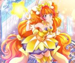  1girl amanogawa_kirara arm_up armpits bare_shoulders boots breasts brooch choker closed_mouth covered_nipples cowboy_shot cure_twinkle dress earrings from_above gloves go!_princess_precure hanzou highres index_finger_raised jewelry long_hair looking_at_viewer magical_girl multicolored_hair orange_hair precure purple_eyes red_hair smile solo stained_glass star_(symbol) star_earrings streaked_hair thigh_boots thighhighs twintails two-tone_hair very_long_hair white_gloves yellow_dress 