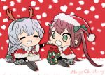  antlers asagumo_(kantai_collection) bangs black_legwear brown_hair cake capelet chibi christmas christmas_cake closed_eyes eyebrows_visible_through_hair feeding food fur_trim grey_hair hair_ornament hair_ribbon hair_scrunchie hat heart kantai_collection long_hair long_sleeves low-tied_long_hair merry_christmas open_mouth pantyhose ribbon santa_hat scrunchie simple_background sitting skirt tane_juu-gou twintails wreath yamagumo_(kantai_collection) 