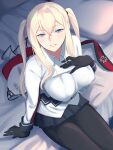  1girl arm_support black_gloves blonde_hair blue_eyes blush breasts capelet gloves graf_zeppelin_(kantai_collection) grey_skirt hand_on_own_chest headwear_removed highres jacket kantai_collection large_breasts long_hair long_sleeves looking_at_viewer neckwear_removed on_bed pantyhose parted_lips red_neckwear shingyou_(alexander-13) sidelocks skirt solo white_jacket 