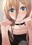  1girl :3 absurdres black_shirt blue_eyes cevio close-up collarbone commentary grey_background hair_between_eyes hands_up highres ia_(vocaloid) long_hair looking_at_viewer pendant_choker platinum_blonde_hair shirt shiyomifu smile solo upper_body vocaloid 