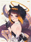  1girl alternate_hair_length alternate_hairstyle bespectacled black_gloves black_hair breasts character_name cleavage detached_sleeves fang fur_choker glasses gloves halo holding holding_scissors hololive hololive_english mole mole_under_eye monogram nii_a_sleepy_knee ninomae_ina&#039;nis open_mouth purple_eyes round_eyewear scissors short_hair single_detached_sleeve small_breasts solo symbol_commentary tentacles virtual_youtuber wings 