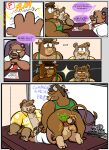  2021 anal anthro balls bovid bovine brown_body brown_fur butt cattle clothing comic english_text fur genitals group group_sex hi_res inked-waffle inkedwaffle_(artist) male male/male mammal necktie oral overweight overweight_male penis sex shirt student teacher teacher_and_student text threesome topwear ursid 