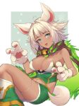  1girl ahoge animal_ears bangs blue_eyes boots breasts cape chacol_(p&amp;d) cleavage dark_skin dark_skinned_female eyebrows_visible_through_hair fangs fur_trim gloves green_shorts large_breasts navel ngtr_kaina open_mouth paw_gloves paw_print paws puzzle_&amp;_dragons short_hair shorts simple_background sleeveless solo tail thighlet two-tone_background white_hair 
