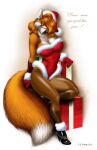  2020 anthro breasts canid canine christmas christmas_clothing cleavage clothed clothing dialogue ear_piercing ear_ring female fox gift holidays mammal piercing rjbartrop_(artist) solo 