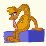  1:1 anthro big_eyes blonde_hair fan_character genitals giraffe giraffid hair hi_res juan_jo long_penis male mammal masturbation nude oral oral_masturbation penis shaded simple_background simple_shading solo yellow_body 