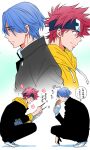  2boys back-to-back blue_eyes blue_hair closed_mouth eating food from_side gakuran kyan_reki langa_hasegawa male_focus multiple_boys obentou pocky sandwiched school_uniform simple_background sisido_(black_candy) sk8_the_infinity smile squatting white_background 