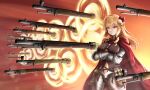  1girl bangs blonde_hair blue_eyes bolt_action breasts cape closed_mouth clothing_cutout commission crossed_arms gate_of_babylon gauntlets girls_frontline gun hair_ornament haonfest_art highres large_breasts long_hair mosin-nagant mosin-nagant_(girls_frontline) navel navel_cutout official_alternate_costume plate_armor pouch red_cape rifle smile solo too_many_weapons weapon 