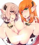  2girls animal_print areolae asymmetrical_docking bell bell_collar blue_eyes blush breast_press breasts bright_pupils collar cow_girl cow_horns cow_print cowbell elbow_gloves fingernails from_side gloves gradient_hair green_eyes grey_hair highres horns jenna_lynn_meowri large_breasts light_censor long_hair looking_at_viewer looking_to_the_side medium_hair multicolored_hair multiple_girls nail_polish neck_bell orange_hair original parted_lips peach_(streamer) pointy_ears real_life red_hair red_nails slugbox smile sweat upper_body yuri 
