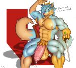  abs anthro balls big_balls big_penis blue_body blue_fur blue_hair bodily_fluids canid canine canis chair crown ear_piercing facial_piercing foreskin fox fur furniture genital_fluids genitals hair hi_res holding_object holding_weapon huge_balls huge_penis humanoid_genitalia humanoid_penis hybrid lip_piercing looking_at_viewer male mammal melee_weapon muscular muscular_male nipples nose_piercing nose_ring nude open_mouth penis piercing pubes randt simple_background sitting smile snakebite_piercing solo sword teslawolfen text throne weapon wolf yellow_body yellow_fur 