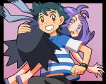  1boy 1girl acerola_(pokemon) amada ash_ketchum black_hair blue_eyes blush carrying dress elite_four open_mouth pokemon pokemon_(anime) pokemon_sm_(anime) purple_eyes purple_hair shirt short_hair shoulder_carry smile t-shirt z-ring 