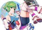  1girl ataruman bare_shoulders bike_shorts braid clippers commentary commission english_commentary green_eyes green_hair gundam gunpla hair_ornament hairclip highres looking_away original short_hair solo thighhighs 