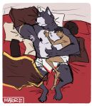  absurd_res adastra adastra_(series) amicus_(adastra) anthro bed bottomwear bracelet canid canine canis clothing cuddling duo echo_project embrace furniture hi_res human jewelry loincloth male male/male mammal marco_(adastra) ottermajor sleeping video_games visual_novel wolf 