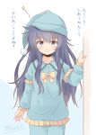  1girl akatsuki_(kantai_collection) alternate_costume blue_eyes commentary_request frills hat highres icesherbet kantai_collection long_hair looking_at_viewer nightcap pajamas parted_lips purple_hair sleepy solo standing thigh_gap translation_request 