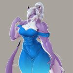  1:1 2020 abs anthro big_breasts blue_eyes breasts dipstick_ears dipstick_tail ear_piercing ear_ring evening_gown female fish flexing grey_background hair hi_res looking_at_viewer marine multicolored_ears multicolored_tail muscular muscular_anthro muscular_female non-mammal_breasts piercing salvia_carhina shark simple_background small_waist smile smirk solo white_hair wide_hips wmdiscovery93 