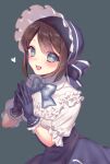  1girl :d ai_(blacktea_milk) bangs black_gloves blue_eyes blue_gloves blue_headwear blush bonnet boudoir_dream_(identity_v) bow brown_hair commentary_request dress emma_woods fingers_together frills gloves hands_together hat heart highres identity_v looking_at_viewer lower_teeth official_alternate_costume open_mouth own_hands_together ribbon short_hair short_sleeves simple_background skirt smile solo 