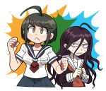  2girls ahoge bangs black_hair black_shirt blue_background breast_pocket breasts brown_hair clenched_hands clenched_teeth commentary cropped_legs cropped_torso danganronpa_(series) danganronpa_another_episode:_ultra_despair_girls english_commentary frown fukawa_touko furukawa_(yomawari) glasses green_background hair_between_eyes highres large_breasts long_hair long_sleeves multiple_girls naegi_komaru orange_background pale_skin pleated_skirt pocket round_eyewear sailor_collar school_uniform serafuku shirt short_hair short_sleeves skirt sweatdrop teeth v-shaped_eyebrows white_background 