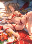  1girl :p bar_censor barefoot blonde_hair blue_eyes bra bra_pull censored crotchless crotchless_panties feet fingernails flower granblue_fantasy lilithbloody looking_at_viewer navel nipples one_breast_out orange_flower panties pulled_by_self pussy pussy_juice red_bra red_flower red_panties red_ribbon ribbon smile solo tiptoes tongue tongue_out twintails underwear zeta_(granblue_fantasy) 