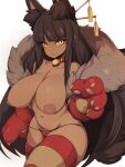  1girl animal_ear_fluff animal_ears artist_name bangs bell bell_collar blunt_bangs breasts brown_hair choker cleavage collar collarbone commentary dark_skin english_commentary eyebrows_visible_through_hair fur_trim gloves highres jingle_bell large_breasts large_tail long_hair looking_at_viewer neck_bell nipples original paw_gloves paws red_choker red_collar red_gloves simple_background slugbox solo striped striped_legwear tail thighhighs topless white_background yellow_eyes 
