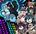  1girl 3boys ahoge alternate_costume antenna_hair bandaged_arm bandages bangs barbed_wire black_gloves black_hair blonde_hair breasts brown_eyes brown_headwear brown_jacket character_print checkered commentary danganronpa_(series) danganronpa_v3:_killing_harmony fingerless_gloves furukawa_(yomawari) ghostbusters giant gloves green_hair grin gun hair_between_eyes highres holding holding_gun holding_weapon iruma_miu jacket large_breasts long_hair looking_up mask monokuma mouth_mask multiple_boys open_mouth ouma_kokichi purple_eyes purple_hair saihara_shuuichi sharp_teeth shinguuji_korekiyo shiny shiny_hair short_hair smile sweatdrop teeth weapon 