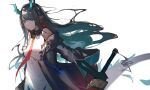  1girl arknights bare_shoulders black_coat black_hair breasts closed_mouth coat colored_inner_hair dragon_horns dress dusk_(arknights) earrings expressionless floating_hair hair_over_one_eye highres holding holding_sword holding_weapon horns jewelry long_hair long_sleeves looking_at_viewer medium_breasts multicolored_hair necktie off_shoulder open_clothes open_coat pointy_ears red_eyes sidelocks simple_background sleeveless sleeveless_dress solo streaked_hair sword tianye_toshi upper_body weapon white_background white_dress wide_sleeves wing_collar 