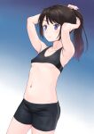  1girl adjusting_hair bike_shorts black_hair black_shorts blue_background blue_eyes breasts closed_mouth commentary_request covered_nipples gradient gradient_background highres looking_at_viewer meow_(nekodenki) midriff navel original shirt shorts small_breasts smile solo underboob 