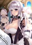  6+girls absurdres alternate_costume apron azur_lane belfast_(azur_lane) blue_eyes blue_hair blurry blurry_background bow breasts center_frills cleavage dido_(azur_lane) double-breasted eyebrows_visible_through_hair frilled_apron frilled_hairband frills hairband highres illustrious_(azur_lane) large_breasts long_hair looking_at_viewer maid_headdress multiple_girls neptune_(azur_lane) open_mouth puffy_short_sleeves puffy_sleeves sheffield_(azur_lane) short_hair short_sleeves sirius_(azur_lane) waist_apron wee_(weeyy) white_bow white_hair 