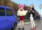  2girls :d :t aikatsu! aikatsu!_(series) amahane_madoka asymmetrical_bangs bangs black_footwear blue_bow blue_coat blue_eyes blue_hairband bow brown_eyes car cloud cloudy_sky coat coffee_cup collarbone commentary_request cup day disposable_cup dress fashion fur_coat fur_trim grass ground_vehicle hair_bow hairband high_heels holding holding_cup holding_map ieya_iemon jewelry knees_together_feet_apart kurosawa_rin_(aikatsu!) light_brown_hair looking_at_another looking_at_map map map_(object) mini_cooper motor_vehicle multicolored_hair multiple_girls necklace no_socks open_mouth outdoors partial_commentary pearl_necklace pink_hair plant_request pout red_dress red_footwear red_hair road road_sign shoes sign sky smile standing streaked_hair thick_eyebrows tree turtleneck twintails v-shaped_eyebrows white_coat wing_hair_ornament 
