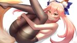  1girl animal_ear_fluff animal_ears black_legwear blue_bow bow breasts convenient_arm fate/grand_order fate_(series) fox_ears fox_girl fox_tail hair_bow highres kaku-c_aji large_breasts long_hair lying on_back pantyhose pink_hair smile solo tail tamamo_(fate)_(all) tamamo_no_mae_(fate) thighband_pantyhose topless twintails yellow_eyes 