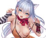  aqua_eyes bow breasts catgirl choker cropped elbow_gloves gloves gray_hair long_hair michiking nipple_slip nipples no_bra original ribbons see_through white 