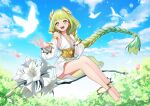  afk_arena animal bird blush clouds dress flora_(afk_arena) flowers green_eyes green_hair long_hair sky tagme_(artist) 