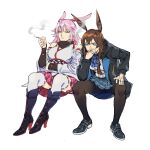  2girls amiya_(arknights) animal_ears arknights bare_shoulders black_footwear boots brown_hair center_frills cigarette coat crossover frills hand_on_own_knee high_heels highres holding holding_cigarette honkai_(series) honkai_impact_3rd invisible_chair knee_boots leaning_forward loafers long_hair multiple_girls pantyhose pink_hair plaid plaid_skirt pleated_skirt ribbon-trimmed_legwear ribbon-trimmed_sleeves ribbon_trim ruukii_drift shoes sitting skirt smoking thighhighs watermark white_background wide_sleeves yae_sakura 