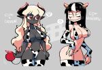  2girls aldegon_(rariatto) animal_print arms_at_sides bikini black_hair blonde_hair blush_stickers breasts chinese_zodiac colored_skin cow_print demon_horns elbow_gloves gloves grey_skin hairband highres horns large_breasts long_hair multicolored_hair multiple_girls navel no_mouth noss_(rariatto) original rariatto_(ganguri) red_eyes ringed_eyes spoken_animal streaked_hair swimsuit tail thighhighs very_long_hair wavy_mouth white_bikini white_gloves year_of_the_ox 