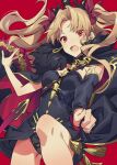  1girl :d black_cape black_leotard black_nails blonde_hair bow breasts cape cowboy_shot crown detached_sleeves earrings ereshkigal_(fate/grand_order) fate/grand_order fate_(series) fingernails hair_bow hand_up highres jewelry leotard long_sleeves looking_at_viewer medium_breasts nail_polish open_mouth red_background red_bow red_eyes single_detached_sleeve smile solo spine twintails westxost_(68monkey) 