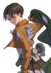  1boy arm_at_side athenawyrm bangs black_hair brown_eyes brown_hair cape cape_removed commentary_request cowboy_shot cropped_jacket emblem from_behind highres holding holding_cape jacket levi_(shingeki_no_kyojin) long_sleeves looking_at_viewer looking_back male_focus paradis_military_uniform parted_bangs scarf shingeki_no_kyojin shiny shiny_hair short_hair simple_background solo survey_corps_(emblem) three-dimensional_maneuver_gear white_background 