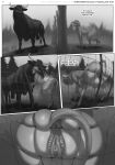  2020 animal_anus animal_genitalia animal_humanoid animal_pussy animal_tail anthro balls big_butt black_and_white bodily_fluids bovid bovine butt cattle close-up comic comic_page dark_body dark_fur donut_anus duo ear_tag english_text farm female fence fur genital_fluids genitals grass greyscale hair hooves horn human humanoid in_heat male male/female mammal marmalademum monochrome narration plant presenting presenting_hindquarters pussy pussy_juice rear_view signature snout teats text thick_thighs udders url 