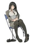  1girl black_footwear black_hair black_legwear breasts chair closed_eyes collared_shirt copyright_request director&#039;s_chair dutch_angle formal grey_shirt grey_skirt hands_on_lap head_tilt high_heels highres large_breasts long_hair miniskirt on_chair pantyhose parted_lips ruukii_drift shirt shoes_removed simple_background sitting skirt skirt_suit sleeping sleeping_upright solo suit taut_clothes taut_skirt white_background wing_collar 