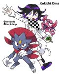  1boy bangs black_footwear black_hair character_name checkered checkered_scarf commentary danganronpa_(series) danganronpa_v3:_killing_harmony furukawa_(yomawari) gen_4_pokemon gen_8_pokemon hair_between_eyes highres holding holding_poke_ball impidimp jacket long_sleeves looking_at_viewer male_focus medium_hair multicolored_hair ouma_kokichi pants poke_ball pokemon pokemon_(creature) purple_eyes purple_footwear purple_hair scarf simple_background straitjacket tongue tongue_out two-tone_hair weavile white_background white_jacket white_pants 