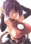  1girl adjusting_hair armpits bare_shoulders black_gloves breasts bridal_gauntlets gloves hair_up highres large_breasts mirror purple_hair red_eyes rope shimenawa short_hair sideboob skirt solo touhou upper_body yasaka yohane 